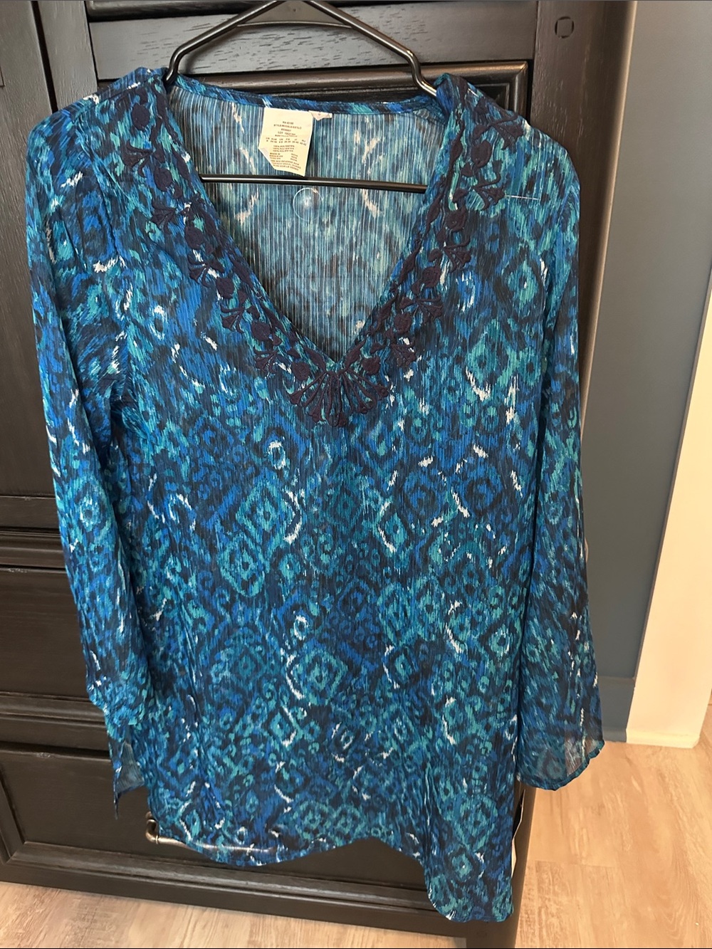 Blue Patterned V-Neck Women's Swim Coverup with Lace Trim